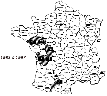 Fig. 3. Données hivernales d’Œdicnème criard en France de 1983 à 1997
